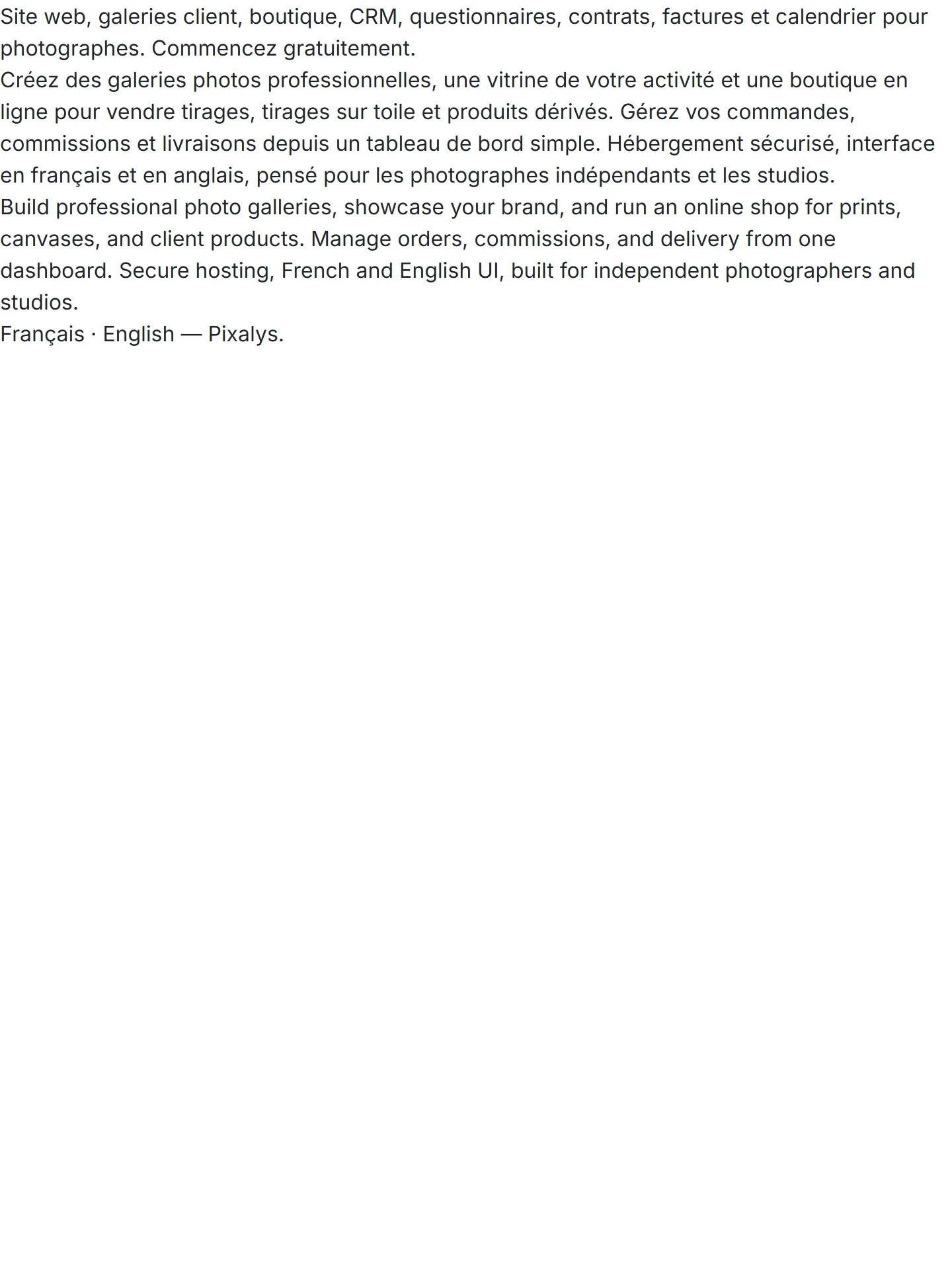 Aperçu d’un site photographe Pixalys avec portfolio, prestations, tarifs et contact